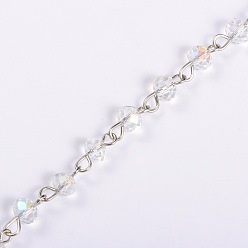 Clear Handmade Rondelle Glass Beads Chains for Necklaces Bracelets Making, with Platinum Iron Eye Pin, Unwelded, Clear, 39.3 inch, Beads: 6x4.5mm