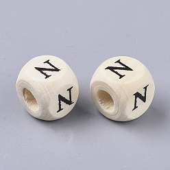 Letter N Printed Natural Wood Beads, Horizontal Hole, Cube with Initial Letter, PapayaWhip, Letter.N, 10x10x10mm, Hole: 3.5mm, about 1000pcs/500g
