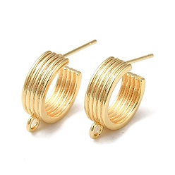 Real 18K Gold Plated Brass Ring Stud Earring Finding, Half Hoop Earrings with Loops, Real 18K Gold Plated, 15x18x5mm, Hole: 1.8mm, Pin: 10x0.8mm