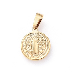 Golden Vacuum Plating 304 Stainless Steel Pendants, Religion, Flat Round with Saint Benedict, Golden, 15x12x1.5mm, Hole: 5x3mm