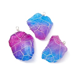 Magenta Electroplated Raw Rough Natural Quartz Copper Wire Wrapped Big Pendants, Two Tone Nuggets Charms, Silver Plated Color, Magenta, 42~59x27~37x17~24mm, Hole: 3mm