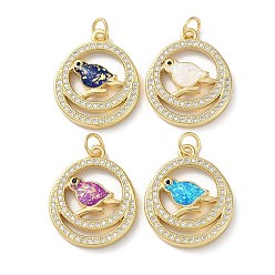 Mixed Color Brass Micro Pave Clear Cubic Zirconia Pendants, with Synthetic Opal, with Jump Ring, Real 18K Gold Plated, Flat Round with Bird, Mixed Color, 21.5x18x3mm, Hole: 3.6mm
