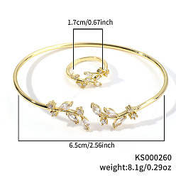 Прозрачный Модные комплекты из латунных браслетов и колец с кубическим цирконием в форме листьев для повседневной носки, золотые, прозрачные