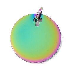 Rainbow Color Ионное покрытие (ip) 304 подвески из нержавеющей стали, с целью перехода в кольце, зеркальная полировка, плоский круглый шарм, штамповка пустой метки, Радуга цветов, 16x1 мм, отверстие : 3.5 мм