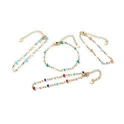 Mixed Color Brass Ball Chains Bracelets, with Glass Beads, Mixed Color, 7-1/4 inch(18.5cm)