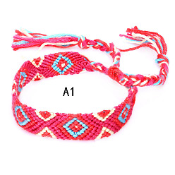 Deep Pink Cotton Braided Rhombus Pattern Cord Bracelet, Ethnic Tribal Adjustable Brazilian Bracelet for Women, Deep Pink, 5-7/8~14-1/8 inch(15~36cm)