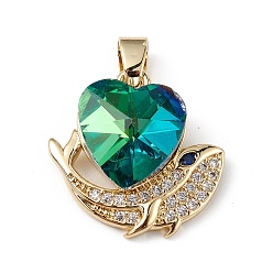 Dark Turquoise Real 18K Gold Plated Rack Plating Brass Micro Pave Cubic Zirconia Pendants, with Glass, Long-Lasting Plated, Cadmium Free & Lead Free, Heart & Whale, Dark Turquoise, 19x19x8mm, Hole: 5x3mm