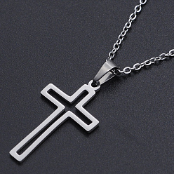 Stainless Steel Color 201 Stainless Steel Pendant Necklaces, with Cable Chains and Lobster Claw Clasps, Cross, Stainless Steel Color, 17.7 inch(45cm), 1.5mm