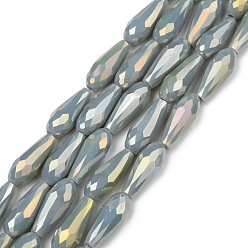 Slate Gray Electroplated Opaque Glass Beads Strands, Full Rainbow Plated, Faceted, Teardrop, Slate Gray, 15x6mm, Hole: 1mm, about 50pcs/Strand, 28.35 inch(72cm)