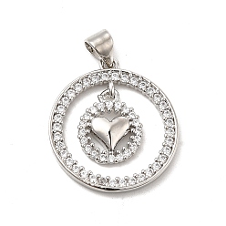 Clear Brass Micro Pave Cubic Zirconia Pendants, Round Ring & Heart Charm, Platinum, Clear, 22.5x20.5x1.5mm, Hole: 4x3.5mm