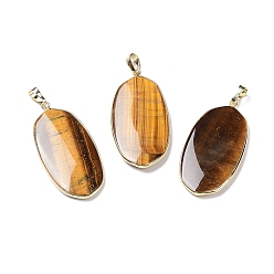 Tiger Eye Natural Tiger Eye Pendants, with Rack Plating Light Gold Tone Brass Findings, Cadmium Free & Lead Free, Oval Charms, 48x22x4.5mm, Hole: 8x5mm