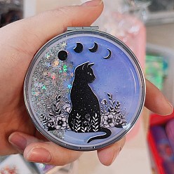 Cat Shape Sequin Quicksand Plastic Foldable Mirrors, with Glass Mirror Surface, Round Compact Pocket Mirror for Wiccan, Cat Shape, 7cm