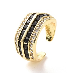 Black Cubic Zirconia Multi Lines Open Cuff Ring, Real 18K Gold Plated Brass Thick Ring for Women, Cadmium Free & Nickel Free & Lead Free, Black, US Size 6 3/4(17.1mm)