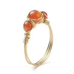 Carnelian Natural Carnelian Round Braided Beaded Finger Ring, Light Gold Copper Wire Wrap Jewelry for Women, Inner Diameter: 18mm