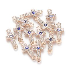 Light Gold Alloy Rhinestone Links connectors, with Enamel, Cross with Evil Eye, Light Gold, 25.5x12x2.5mm, Hole: 2mm