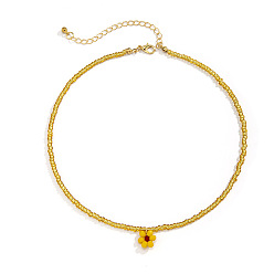 Golden 4198 Boho Vintage Beaded Necklace with Crystal Flower Pendant