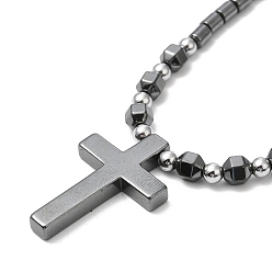 Hematite Synthetic Non-magnetic Hematite Cross Pendant Necklace with Beaded Chains, 19.29 inch(49cm)