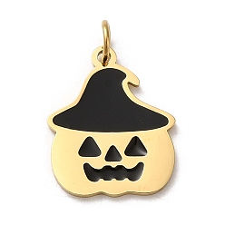Real 14K Gold Plated Halloween 304 Stainless Steel Charms, with Enamel and Jump Ring, Pumpkin Charm, Real 14K Gold Plated, 14.4x12x0.8mm, Hole: 2.6mm