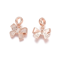 Rose Gold Brass Micro Pave Cubic Zirconia European Dangle Charms, Large Hole Pendants, Bowknot, Clear, Rose Gold, 23mm, Bowknot: 13.5x17x3.5mm, Hole: 5mm