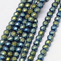 Green Plated Electroplate Non-magnetic Synthetic Hematite Beads Strands, Faceted, Frosted, Round, Grade A, Green Plated, 3mm, Hole: 1mm, about 127pcs/strand, 16 inch