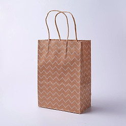 Camel kraft Paper Bags, with Handles, Gift Bags, Shopping Bags, Brown Paper Bag, Rectangle, Wave Pattern, Camel, 27x21x10cm