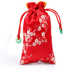 Red Chinese Style Silk Drawstring Jewelry Gift Bags, Jewelry Storage Pouches for Cell Phone, Rectangle with Plum Bossom Flower Pattern, Red, 15x9cm