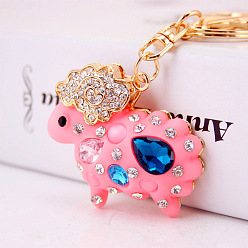 Pink Cute Zodiac Sheep Car Keychain with Rhinestones, Bag Charm Pendant Gift