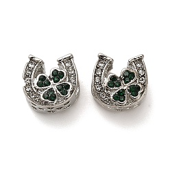 Platinum Alloy Rhinestone European Beads, Large Hole Beads, Horseshoe with Clover, Platinum, 11x11x8mm, Hole: 4.6mm