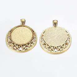 Antique Golden Tibetan Style Alloy Pendant Cabochon Settings, Cadmium Free & Lead Free, Flat Round with Stars, Antique Golden, Tray: 25mm, 44x36x2mm, Hole: 5x7mm, about 140pcs/kg