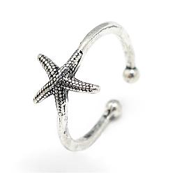 Antique Silver Adjustable Alloy Cuff Finger Rings, Starfish/Sea Stars, Size 7, Antique Silver, 17mm