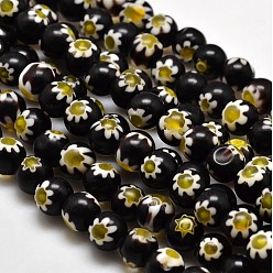 Noir Rondes verre de millefiori perles brins, noir, 7.6~8mm, Trou: 1mm, Environ 48 pcs/chapelet, 14.9 pouce