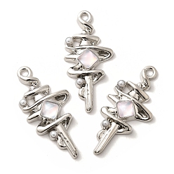 Платина Подвески из сплава , волшебная палочка, со стеклом и бусинами из АБС-пластика, покрытие стойки без свинца, кадмия и никеля, розовые, платина, 37x17.5x5.5 мм, отверстие : 2 мм