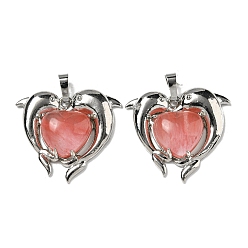 Вишневый Кварц Подвески в форме сердца из вишневого кварцевого стекла, латунные подвески в виде дельфинов, платина, без кадмия и без свинца, 29x32.5x8.5 мм, отверстие : 8x5 мм