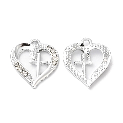 Platinum Rack Plating Alloy Crystal Rhinestone Pendants, Heart with Cross Charms, Platinum, 20x17.5x2.5mm, Hole: 1.5mm
