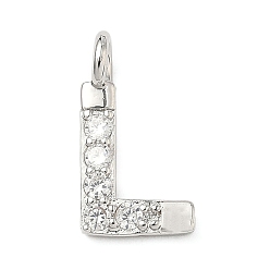 Letter L Латунные микропаве прозрачные подвески с фианитом, без кадмия и без свинца, долговечный, стойки покрытие, платина, Письмо L, 18x10x2.5 мм, отверстие : 2.5 мм
