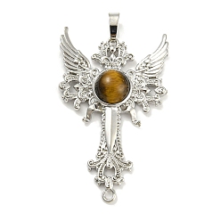 Tiger Eye Natural Tiger Eye Big Pendants, Cross with Wing Charms, with Platinum Plated Brass Findings, 52.5x32x7~7.5mm, Hole: 4x8mm & 2mm
