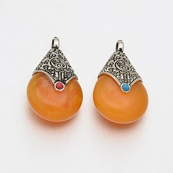 Dark Orange Antique Silver Tibetan Style Alloy Beeswax Teardrop Pendants, Dark Orange, 38x23x17mm, Hole: 4mm