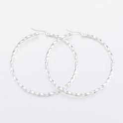 Silver 304 Stainless Steel Big Hoop Earrings, Hypoallergenic Earrings, Twisted Ring Shape, Silver, 56x56x2.5mm, 10 Gauge, Pin: 1x0.8mm
