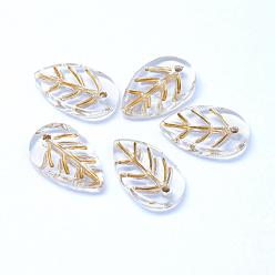Clear Transparent Glass Pendants, Leaf, Gold Inlay Color, Clear, 18x11x3mm, Hole: 1.2mm