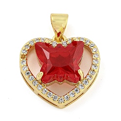 Red Rack Plating Brass Micro Pave Clear Cubic Zirconia Pendants, with Glass, Long-Lasting Plated, Cadmium Free & Lead Free, Heart with Butterfly Charms, Red, 16x16x6.5mm, Hole: 4x3.5mm
