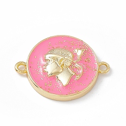 Pearl Pink Rack Plating Brass Enamel Connector Charms, Flat Round Links with Boy, Real 18K Gold Plated, with Glitter Powder, Long-Lasting Plated, Lead Free & Cadmium Free, Pearl Pink, 17x22x4mm, Hole: 1.6mm