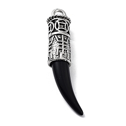 Antique Silver Tibetan Style Alloy Resin Big Pendants, Horn Charms, Black, Antique Silver, 70x20x15mm, Hole: 5mm