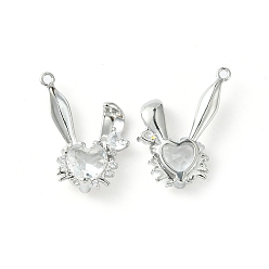 Clear Brass Micro Pave Cubic Zirconia Pendants, Rabbit Head Charm, Real Platinum Plated, Clear, 24x20.5x5mm, Hole: 1.5mm