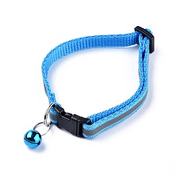 Sky Blue Adjustable Polyester Reflective Dog/Cat Collar, Pet Supplies, with Iron Bell and Polypropylene(PP) Buckle, Sky Blue, 21.5~35x1cm, Fit For 19~32cm Neck Circumference