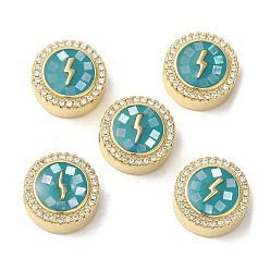 Бирюза Латунные микро проложить кубического циркония бусы, с эмалью и ракушкой, долговечный, без свинца и без кадмия, реальный 18 k позолоченный, плоские круглые с молнией, бирюзовые, 12x5.5 мм, отверстие : 2 мм