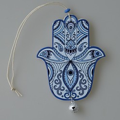 Dodger Blue Wood Hamsa Hand/Hand of Miriam with Evil Eye Hanging Ornament, for Car Rear View Mirror Decoration, Dodger Blue, 100mm