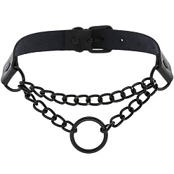 (black circle) black Dark Punk Leather Collar Necklace with Round Rings and Chain for Street Style