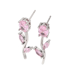 Pink Micro cuivres ouvrent zircone cubique boucles d'oreille, fleur rose, sans plomb et sans cadmium, crémaillère plaquage, plaqué longue durée, platine, rose, 30x11mm