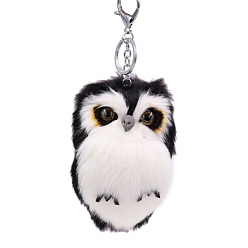 Black Imitation Rabbit Fur Owl Pendant Keychain, with Random Color Eyes, Cute Animal Plush Keychain, for Key Bag Car Pendant Decoration, Black, 15x8cm