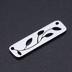 Stainless Steel Color 201 Stainless Steel Links connectors, Rectangle with Leaf, Stainless Steel Color, 26x7x1mm, Hole: 1.4mm